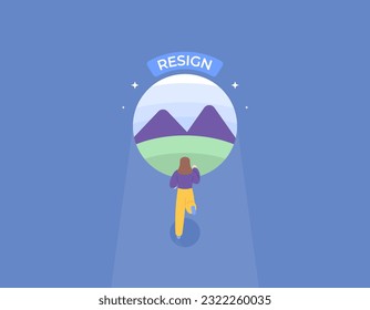 Resign to get peace and calm, quit work to get freedom. quit a job for happiness and mental health. A female employee running away for vacation. illustration concept design. vector elements