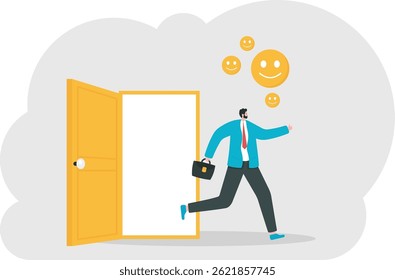resign from job to get happiness. resign from work or get out of work. a worker or employee out of door to get freedom and peace. illustration concept design. graphic element

