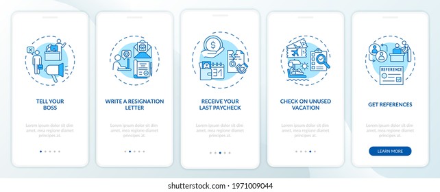 Resignation checklist onboarding mobile app page screen with concepts. Job leaving tips walkthrough 5 steps graphic instructions. UI, UX, GUI vector template with linear day mode illustrations