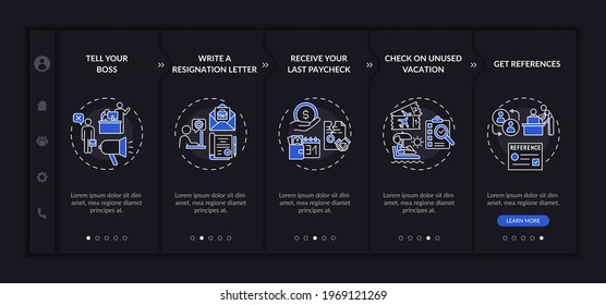 Resignation checklist onboarding vector template dark theme. Responsive mobile website with icons. Web page walkthrough 5 step screens. Last working days night mode concept with linear illustrations