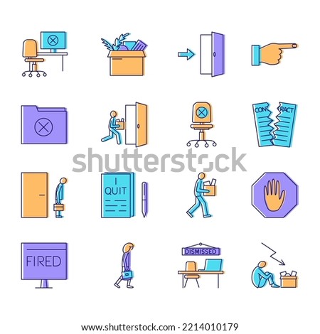 Resignation and dismissal icon set in colored line style. Quitting work symbols. Vector illustration.