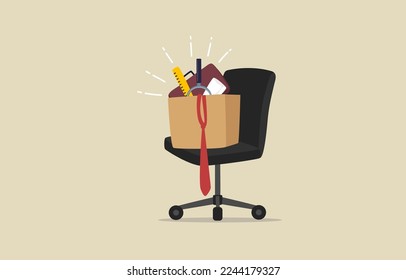 Resignation, unemployment, Employee resign, quit or leaving company. Packed box on office chair.