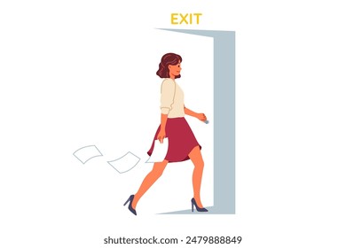 Resigned businesswoman walks out open door, refusing to work under unfavorable conditions. Resigned lady drops job contract when leaving office, wanting to create own successful startup