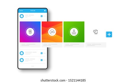 Resilience, Augmented reality and 24 hours line icons set. Interface carousel. Time management sign. Elastic, Phone simulation, Time. Alarm clock. Science set. Social network post. Vector