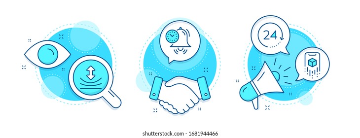 Resilience, Augmented reality and 24 hours line icons set. Handshake deal, research and promotion complex icons. Time management sign. Elastic, Phone simulation, Time. Alarm clock. Science set. Vector