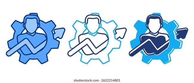 Resilience Building icon represented by man, gear, up arrow Blue, Dualline, Dualtone style.