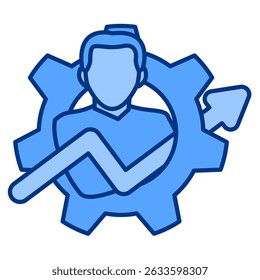 Resilience Building icon represented by man, gear, up arrow Blue style.