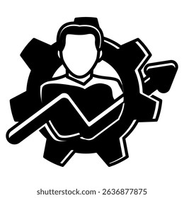 Resilience Building icon represented by man, gear, up arrow Black Filled style.