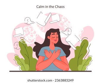 Resilience. Calm female character with chaos aroud. Mental or emotional strength, psychological grit. Strong determination to overcome adversities. Optimistic mindset. Flat vector illustration