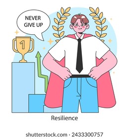 Resilience concept. A steadfast figure embodies perseverance, flanked by laurels and a trophy, with a motto of unwavering determination. Triumph through tenacity. Flat vector illustration.