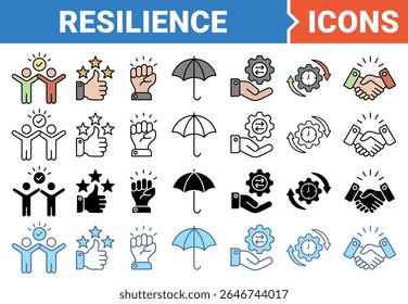 Resilience concept for successfully cope with a crisis icon set with multiple style collection.