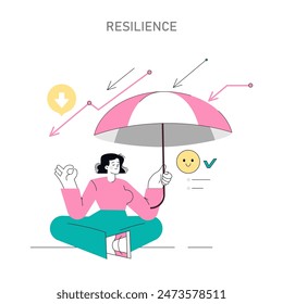 Resilience concept. Woman meditating under an umbrella shielded from downturn arrows with a positivity icon. Mental strength and emotional stability. Vector illustration.