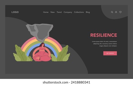 Resilience concept. Woman peacefully meditating with huge rock on head. Unwavering strength amidst challenges. Tranquility under pressure, stability, and inner peace. Flat vector illustration