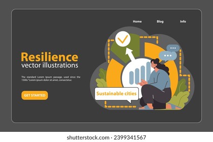 Resilience concept. Woman showcases urban sustainability, highlighting the cycle of building and maintaining eco-friendly cities. Adaptation, green practices. Flat vector illustration