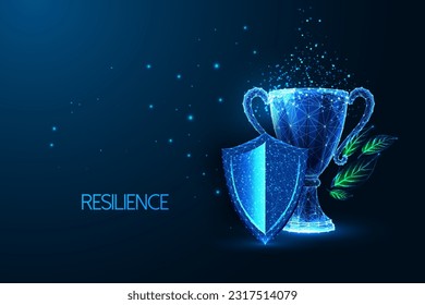 Resilience, empowerment, persistence, grit futuristic concept with shield and trophy in glowing low polygonal style on dark blue background. Modern abstract connection design vector illustration.