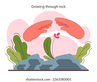 Resilience. Flower growing through a rock. Mental or emotional strength, psychological grit metaphor. Strong determination to overcome adversities. Flat vector illustration