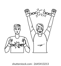 resiliência mãos quebrando cadeia homem vetor. empoderamento desafio, libertação de independência, vitória triunfo resiliência mãos quebrando cadeia homem personagem. pessoas linha preta lápis desenho ilustração