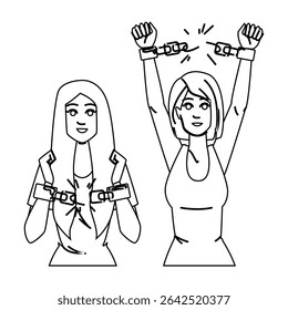resiliência mãos quebrar cadeia mulher vetor. independência desafio, emancipação vitória, transformação quebrar resiliência mãos quebrar cadeia mulher personagem. pessoas linha preta ilustração