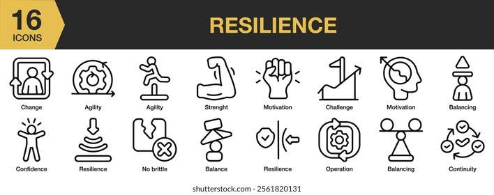 Resilience icon set. Includes strength, motivation, challenge, balance, confidence, and More. Outline icons vector collection.