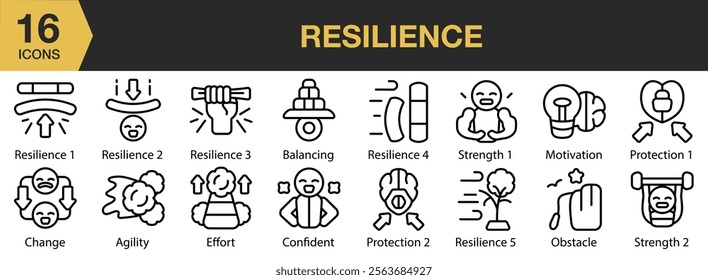 Resilience icon set. Includes strength, motivation, protection, change, agility, effort, confident, and More. Outline icons vector collection.