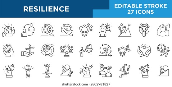 Resilience line icons set with flexibility, strength, change, recovery, adaptability, stability, and agility concepts. Editable stroke vector collection.
