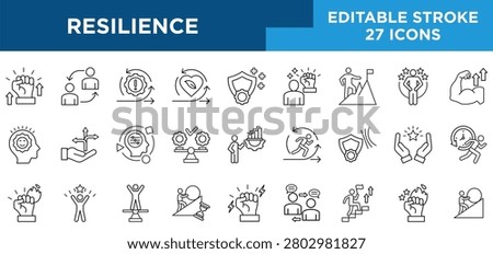 Resilience line icons set with flexibility, strength, change, recovery, adaptability, stability, and agility concepts. Editable stroke vector collection.
