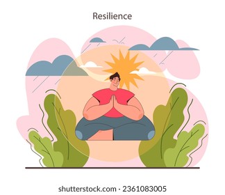 Resiliencia. Fuerza mental o emocional, agrietamiento psicológico. Firme determinación de superar las adversidades. La mentalidad optimista. Ilustración vectorial plana