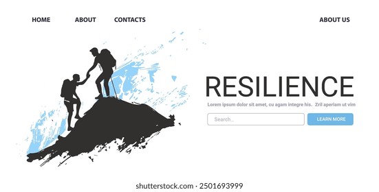 Resilience Mental Health Concept zwei Bergsteiger helfen einander auf einem Berg Spitze blau abstrakten Hintergrund Website Design Landing Page Template