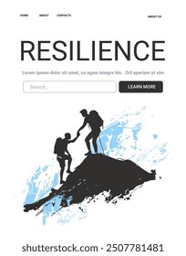 Resilience Mental Health Concept two hikers climbing mountain helping each other blue abstract background website template