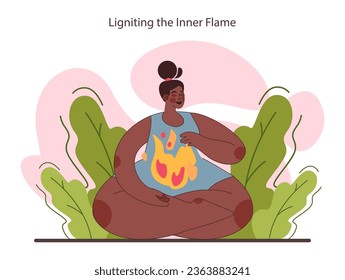 Resilience. Mindfull female character with an inner flame. Mental or emotional strength, psychological grit. Strong determination to overcome adversities. Optimistic mindset. Flat vector illustration