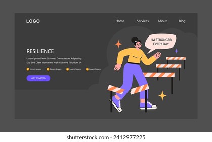 Banner web o página de inicio de noche de resiliencia o modo oscuro. Una mujer segura pisa los obstáculos. Carácter femenino determinado rompiendo obstáculos. Fuerza mental. Ilustración vectorial plana.
