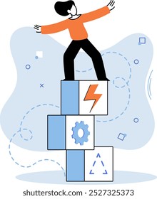 Resilience. A person stands confidently on top of a stack of blocks featuring a lightning bolt, gear, and triangle. Ideal for overcoming obstacles, personal growth, success, strength, and achieving