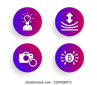 Resilience, Recovery photo and Education icons simple set. Halftone dots button. Bitcoin system sign. Elastic, Backup data, Human idea. Cryptocurrency scheme. Science set. Vector