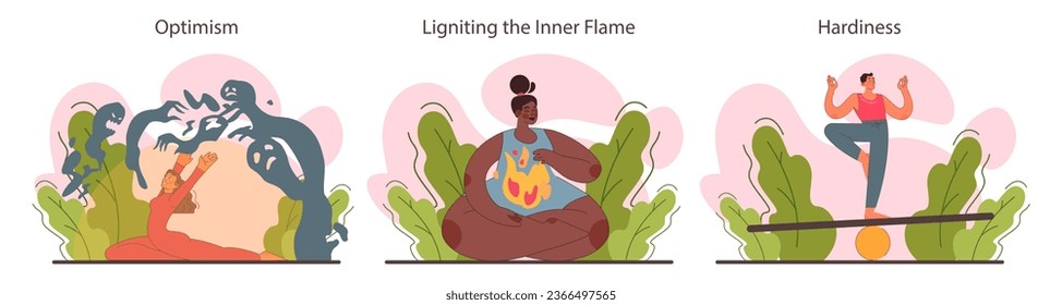 Resilience set. Mental or emotional strength, psychological grit. Strong determination to overcome adversities. Optimistic mindset. Flat vector illustration