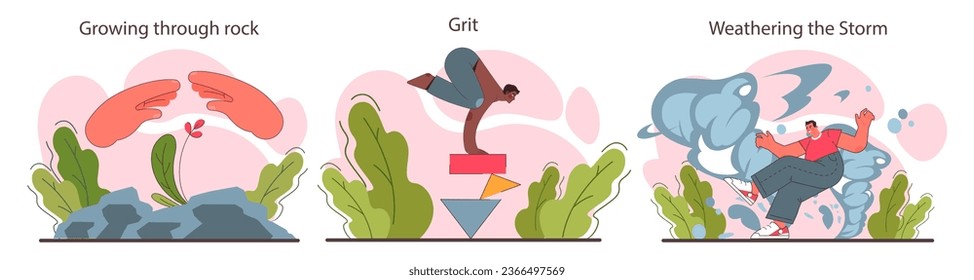 Resilience set. Mental or emotional strength, psychological grit. Strong determination to overcome adversities. Optimistic mindset. Flat vector illustration