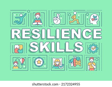 Resilience skills word concepts green banner. Capabilities. Infographics with editable icons on color background. Isolated typography. Vector illustration with text. Arial-Black font used