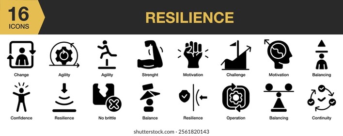 Resilience solid icon set. Includes strength, motivation, challenge, balance, confidence, and More. Solid icons vector collection.