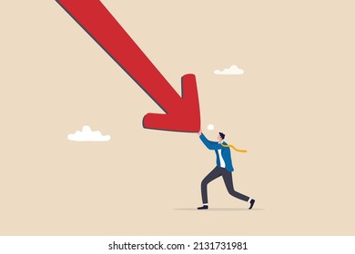 Resilience to survive investment crash, crisis or recession, pushing back or effort to win business challenge, economic recession concept, businessman pushing falling down arrow with full effort.