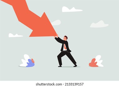 Resilience to survive investment crash, crisis or recession, pushing back or effort to win business challenge, economic recession concept, businessman pushing falling down arrow with full effort.