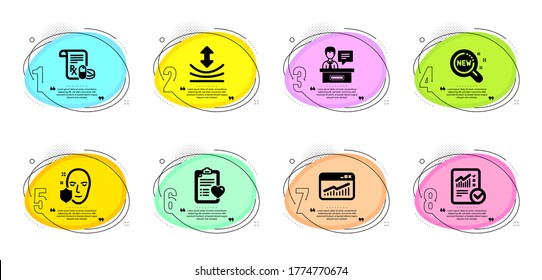 Resilience, Website statistics and Face protection signs. Timeline infographic. New products, Patient history and Medical prescription line icons set. Exhibitors, Checked calculation symbols. Vector