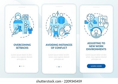 Resilient employees blue onboarding mobile app screen. HR leadership walkthrough 3 steps editable graphic instructions with linear concepts. UI, UX, GUI template. Myriad Pro-Bold, Regular fonts used