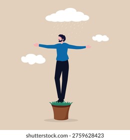 Resilient man balancing on plant pot under rain. Personal development, self improvement or career growth. Coaching or training to success, motivation to growing, develop skill or attitude concept.
