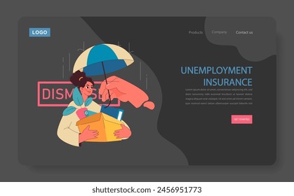 Resilient woman clutches her belongings after a dismissal, finding solace under the shield of unemployment insurance. Large hand offers an umbrella, indicating protection. Flat vector illustration.