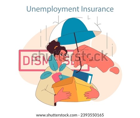 Resilient woman clutches her belongings after a dismissal, finding solace under the shield of unemployment insurance. Large hand offers an umbrella, indicating protection. Flat vector illustration.