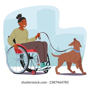 Resilient Woman In A Wheelchair, Accompanied By Her Loyal Dog, Gracefully Navigates The World. Handicapped female Character Showcasing Unbreakable Bond with a Pet. Cartoon People Vector Illustration