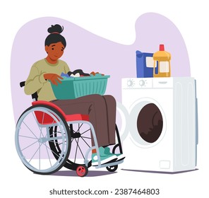 Resilient Woman In A Wheelchair, Determined And Self-sufficient, Confidently Loads Her Laundry Into A Washing Machine. Character Embodying Strength And Independence. Cartoon People Vector Illustration