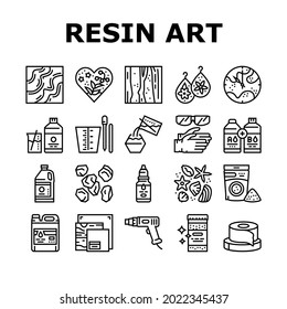 Resin Art Creation Collection Icons Set Vector. Chemical Liquid And Powder, Scotch Tape And Container, Gloves And Protective Facial Mask For Resin Art Black Contour Illustrations