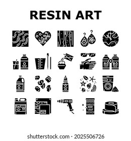 Resin Art Creation Collection Icons Set Vector. Chemical Liquid And Powder, Scotch Tape And Container, Gloves And Protective Facial Mask For Resin Art Glyph Pictograms Black Illustrations