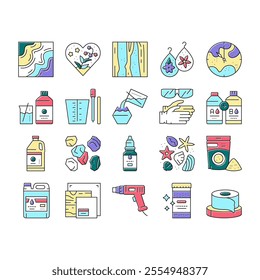 Resin Art Creation Collection Icons Set Vector. Chemical Liquid And Powder, Scotch Tape And Container, Gloves And Protective Facial Mask For Resin Art Line Pictograms. Contour Color Illustrations