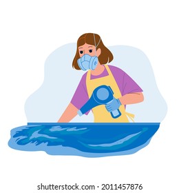 Resin Art Making Woman Artist With Fan Vector. Girl Master Make Creative Picture With Epoxy Resin Material And Electric Device. Character Lady Handcraft Time Flat Cartoon Illustration